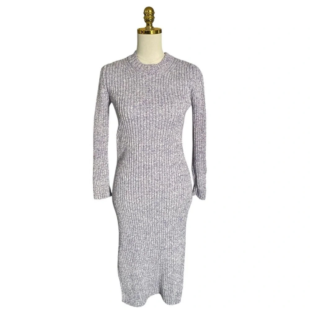 J. Crew Lilac Ivory Ribbed Thick Knit Long-Sleeve Crewneck Midi Sweater Dress XS